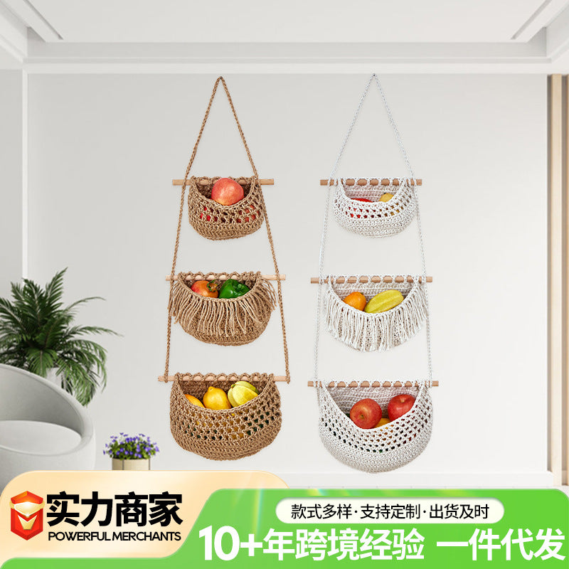 3-Tier Handwoven Fruit Hammock Wall Hanging Storage Basket