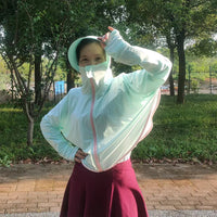 Women's Ice Silk Sun Protection Jacket with Zipper Hood and Wide Brim for Outdoor Activities