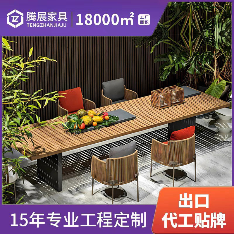 Outdoor Teak Rattan Dining Set with 6 Chairs for Patio Garden Villa Restaurant Hotel