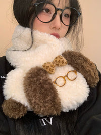 Cute Puppy Plush Cross Scarf for Women, Japanese Style Thick Warm Neck Warmer