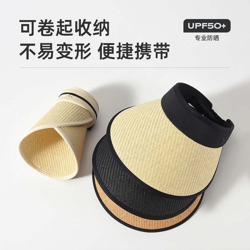 Straw Visor Sun Hat for Women, UV Protection Wide Brim Adjustable Beach Travel Cap