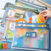 Double-Layer Zipper Mesh A4 Document Bag for Student Homework and Subject Classification, Large Capacity Transparent File Pouch