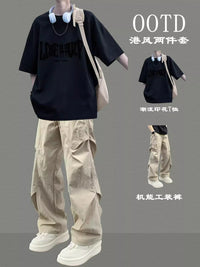 Men's Summer Casual Two-Piece Outfit Short Sleeve Top & Long Pants Set