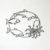 Minimalist Ocean-Themed Metal Wall Decor - Round Hollow Dolphin Octopus Fish Art