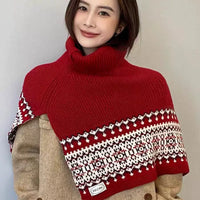 French Style Fair Isle High Neck Knitted Poncho Scarf for Women, Thickened Retro Outerwear
