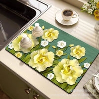 Floral Diatomaceous Earth Dish Drying Mat for Kitchen Countertops