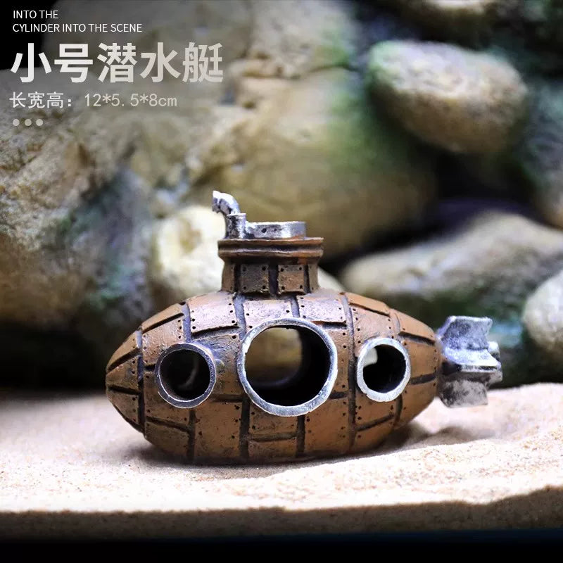 Underwater Submarine Wreck Aquarium Decoration with Oxygen Pump, Fish & Shrimp Shelter Cave