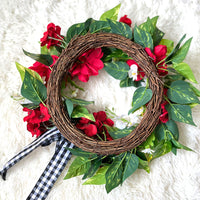 Artificial Red Geranium Wreath for Front Door Wall Decor, Spring Summer Floral Garland
