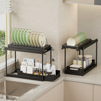 Pull-Out Under-Cabinet Dish Drying Rack with Storage Shelf for Kitchen Sink Organization