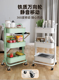 3-Tier Rolling Utility Cart with Handle and Hanging Basket, Heavy-Duty Carbon Steel Storage Organizer for Kitchen, Living Room, Nursery, Bathroom