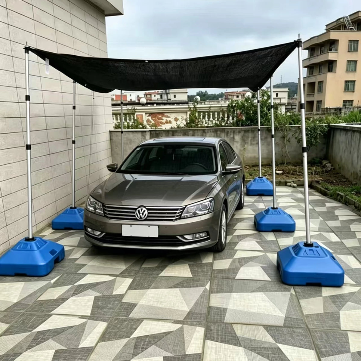 Retractable Sun Shade Net Support Pole with Base for Patio Garden Canopy
