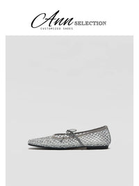 ANN French Rhinestone Mesh Ballet Flats with Bowknot Soft Sole Square Toe Mary Jane Shoes
