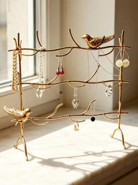 Iron Tree-Shaped Earring Holder Jewelry Display Stand with Bird Decor