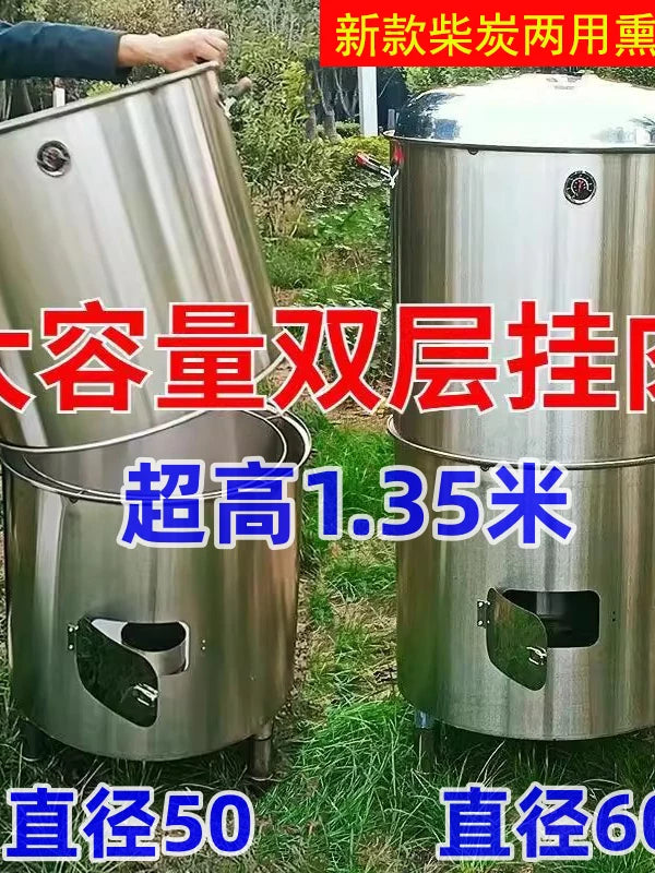Dual-Fuel Smoker for Cured Meats and Sausages - Large Capacity Double-Layer Hanging Roaster