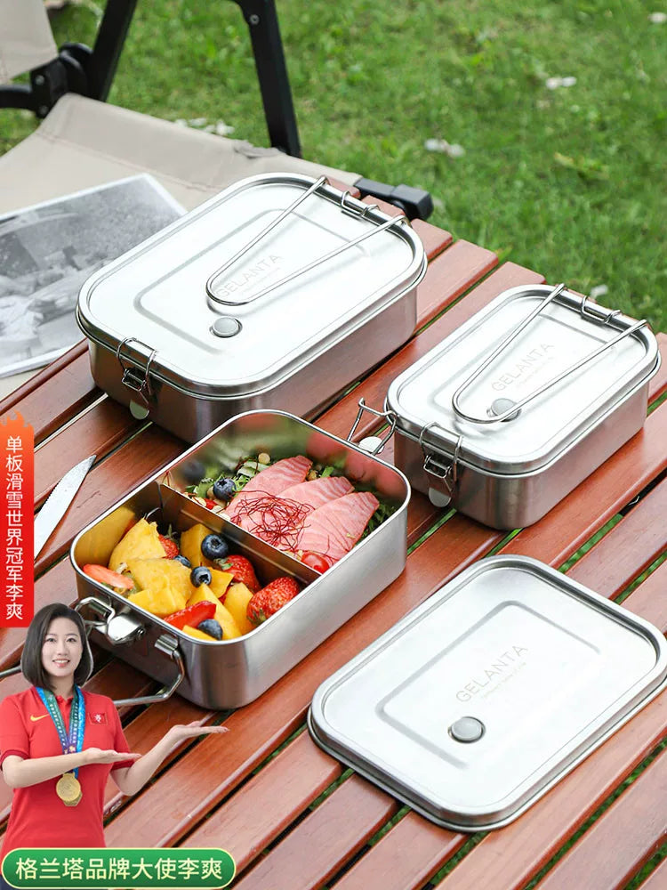Outdoor Camping Square Stainless Steel Food Storage Container with Folding Handle, Airtight, Heatable, Freezable, Divided Lunch Box