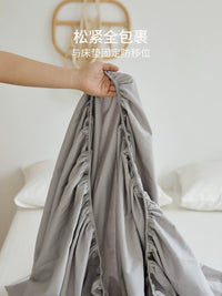 Simple Washed Cotton Fitted Sheet Pure Cotton Mattress Protector Solid Color Bed Cover Dust Cover Three-Piece Set