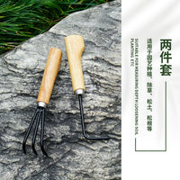 Gardening Hand Rake and Root Remover Tool Set with Wooden Handle for Loosening Soil and Weeding
