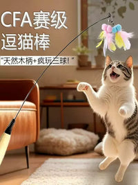 Cat Wand Toy with Bell and Feather Replacement Heads, Long Wooden Handle, Bite-Resistant Play Stick