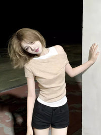 Lyocell Tencel Overlay Asymmetrical Cold Shoulder Top with Inner Cotton Blend