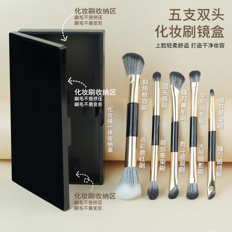 Little Sparrow Double-Ended Eyeshadow Brush Set with Mirror, Portable Eyeliner Makeup Brushes, Soft Bristle Kit