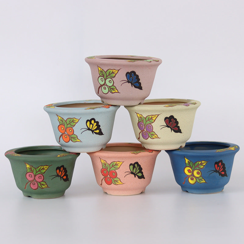 Hand-Painted Ceramic Succulent Planter with Butterfly Relief for Desktop Decor