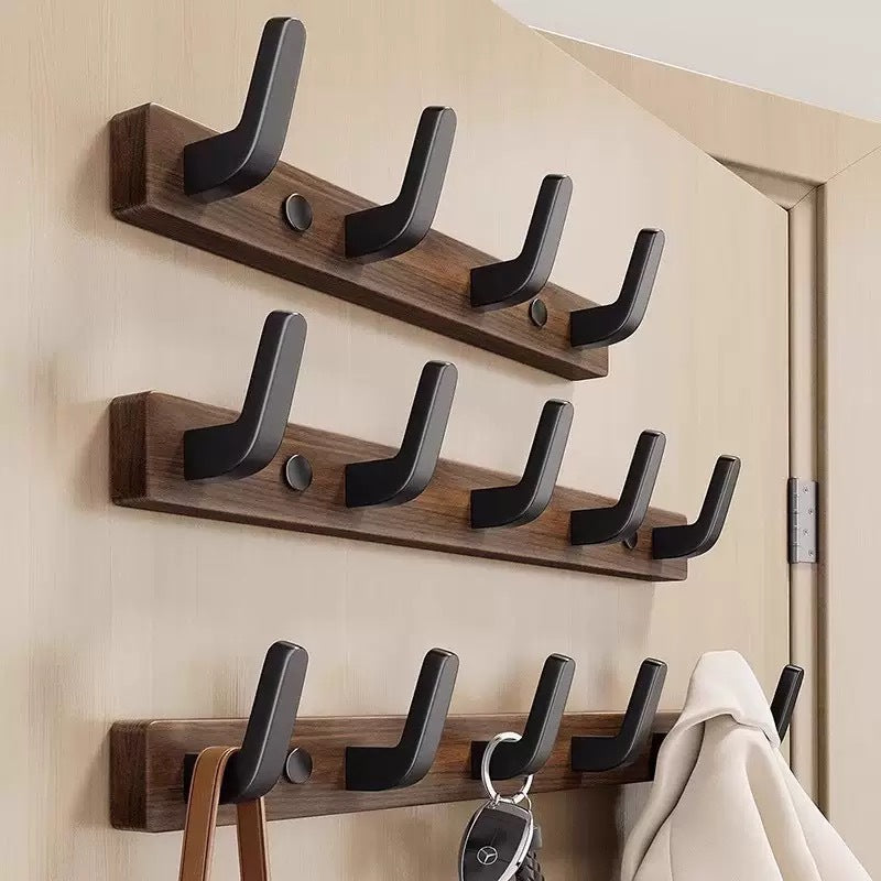 No-Drill Black Walnut Wood Over-Door Hook Rack for Coats, Hats, and Keys