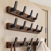 No-Drill Black Walnut Wood Over-Door Hook Rack for Coats, Hats, and Keys