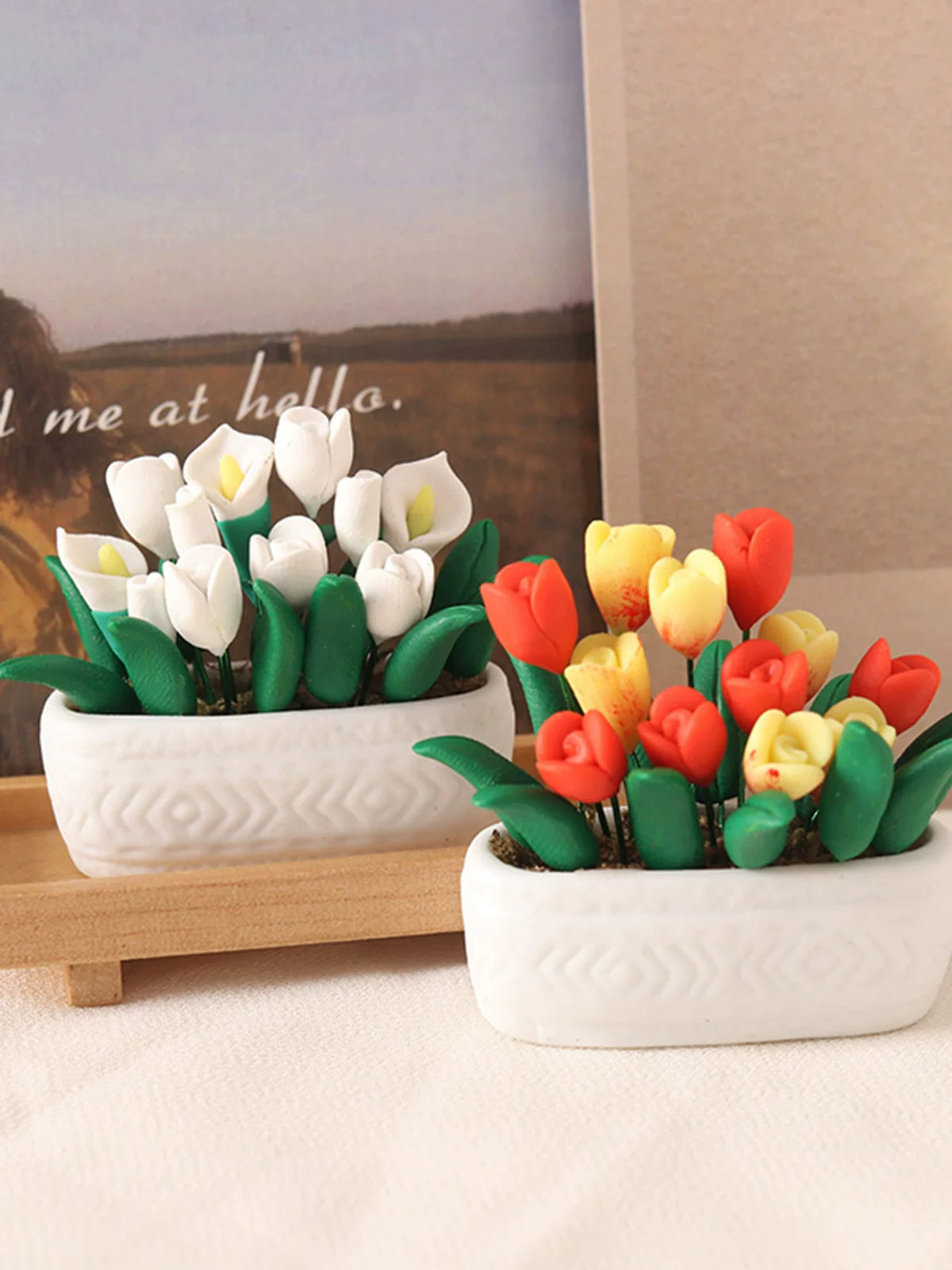Miniature Clay Potted Tulip and Calla Lily Plants for Dollhouse Decor 1:12 Scale