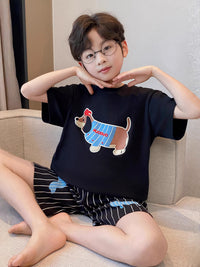 Boys' Summer Cotton Pajama Set Short Sleeve & Shorts Cute Cartoon Print Homewear for Kids