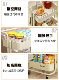 3-Tier Rolling Utility Cart with Handle and Hanging Basket, Heavy-Duty Carbon Steel Storage Organizer for Kitchen, Living Room, Nursery, Bathroom