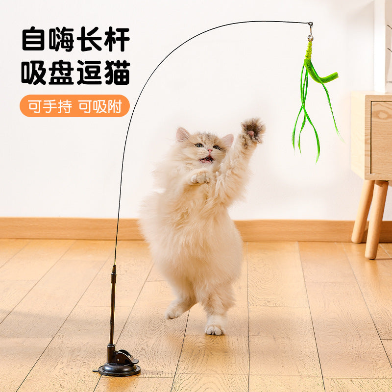 Cat Teaser Wand with Suction Cup Base and Feather/Foxtail Attachments