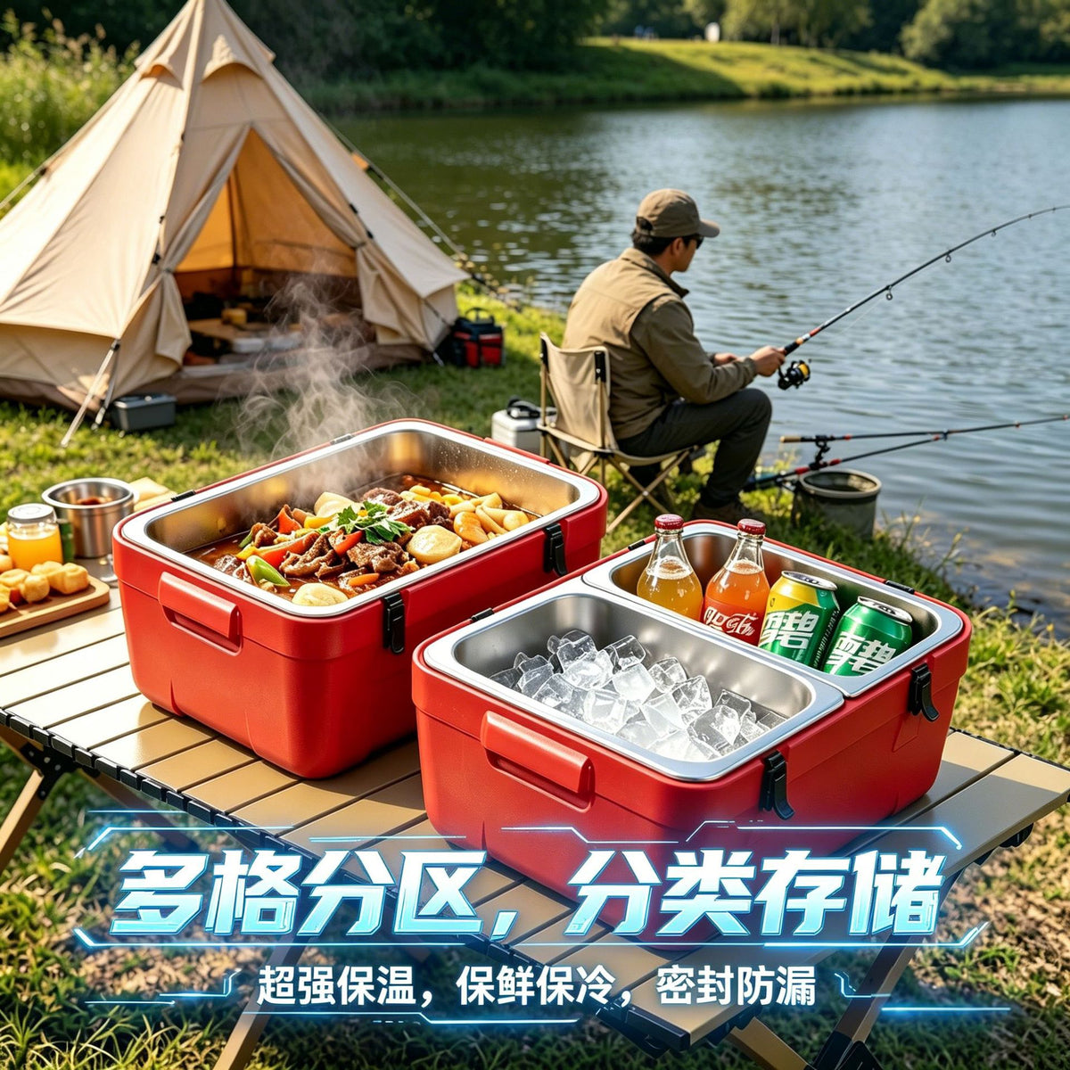 Outdoor Camping Insulated Cooler Box with Compartments for Fishing and Food Storage