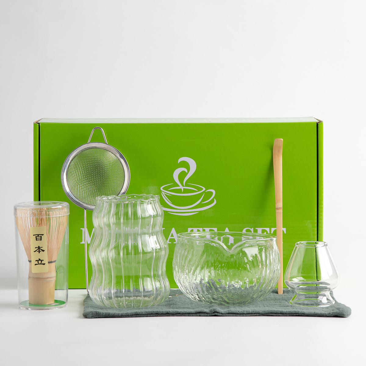 Japanese Style Glass Matcha Tea Set with Whisk and Stand, 7-Piece Kit