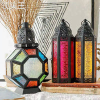 American Country Style Stained Glass Candle Holder Lantern for Home Decor