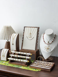 Walnut Wood Jewelry Display Stand with Velvet Lining for Necklaces, Rings, and Bracelets