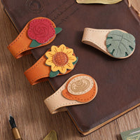 Magnetic Leather Bookmark with Embroidered Floral Design