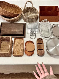 Minimalist Storage Basket, Stainless Steel, Woven and Wooden Organizer Basket