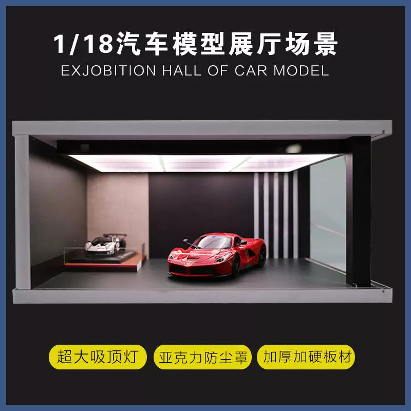 1:18 Scale Model Car Display Case with LED Lighting and Parking Garage Scene