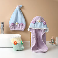 Coral Fleece Hair Drying Cap and Bath Towel Set with Floral Design