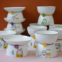 Ceramic Elevated Pet Bowl for Cats and Small Dogs, Wide Mouth Food and Water Dish, Neck Protection Design