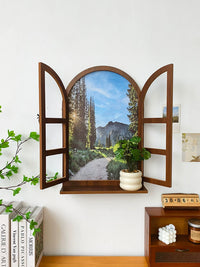 Creative Faux Window Wall Decor with Scenic Oil Painting Inserts for Living Room Art Background