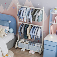 Kids Room Adjustable Double-Layer Garment Rack with Wheels, Cream Style Floor-Standing Clothes Hanger
