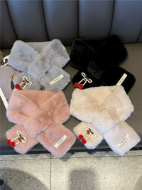 Japanese Style Cherry Plush Cross Scarf for Winter, Thickened Warm Neck Protection