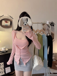 Sweet Ruffle Trim Long Sleeve Cardigan and Padded Camisole Set