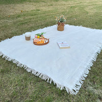 French Style Outdoor Picnic Blanket with Tassels, Thickened Double-Sided Camping Mat for Photography