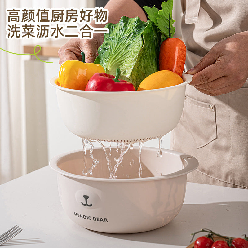 Double-Layer Kitchen Colander Bowl Set for Washing and Draining Vegetables, Thickened Material
