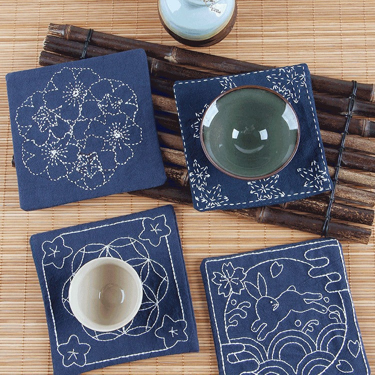 DIY Embroidery Coaster Kit for Beginners - Sashiko & Ribbon Embroidery Tea Mat Craft Set