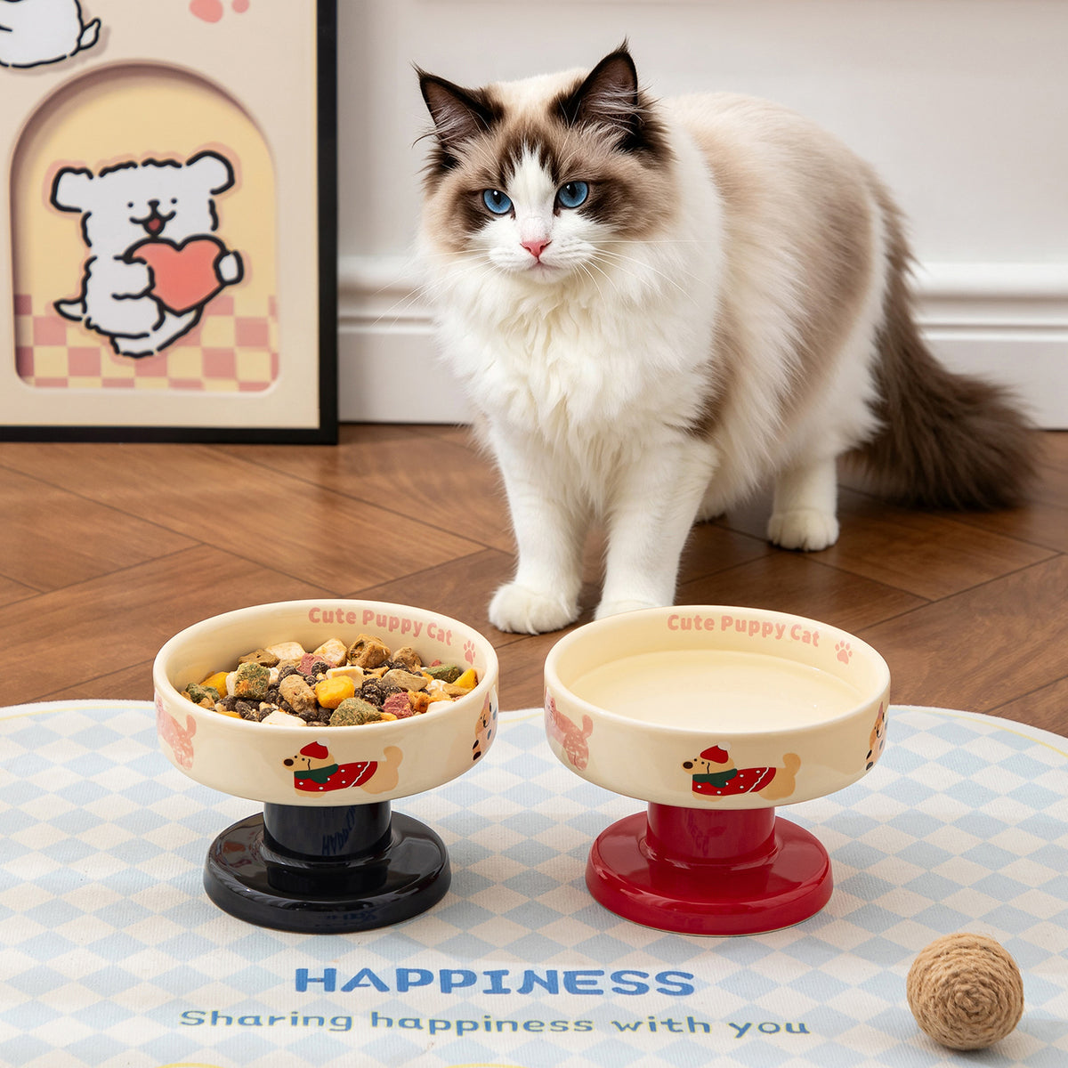 Korean Style Ceramic Elevated Pet Bowl for Cats and Small Dogs, Anti-Black Chin Design