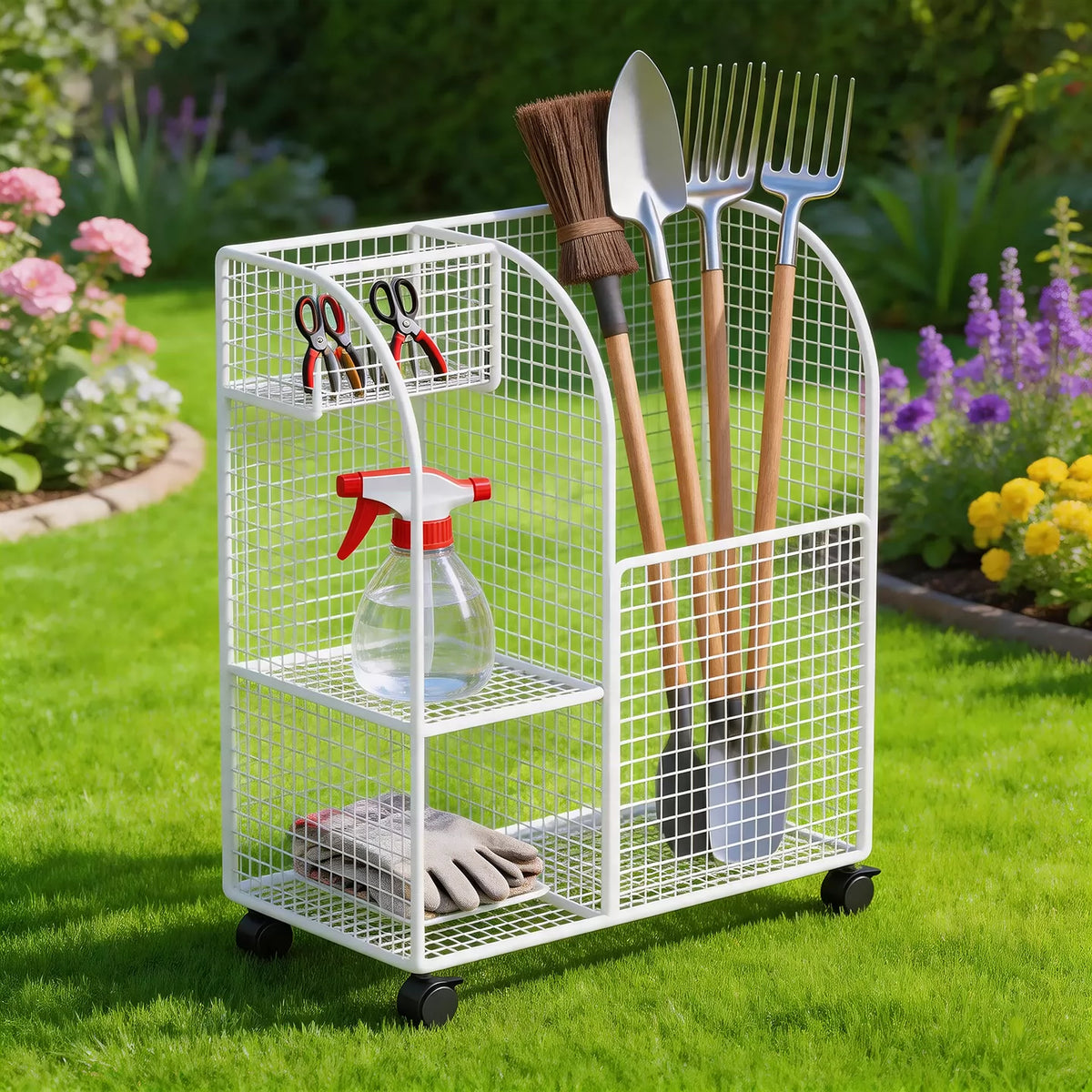 Garden Tool Storage Rack with Wheels - Home Yard Shovel Hoe Organizer Cart