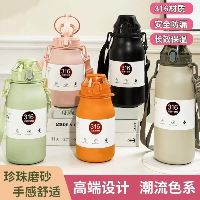 New 316 Stainless Steel Vacuum Insulated Water Bottle Large Capacity Outdoor Travel Flask with Strap